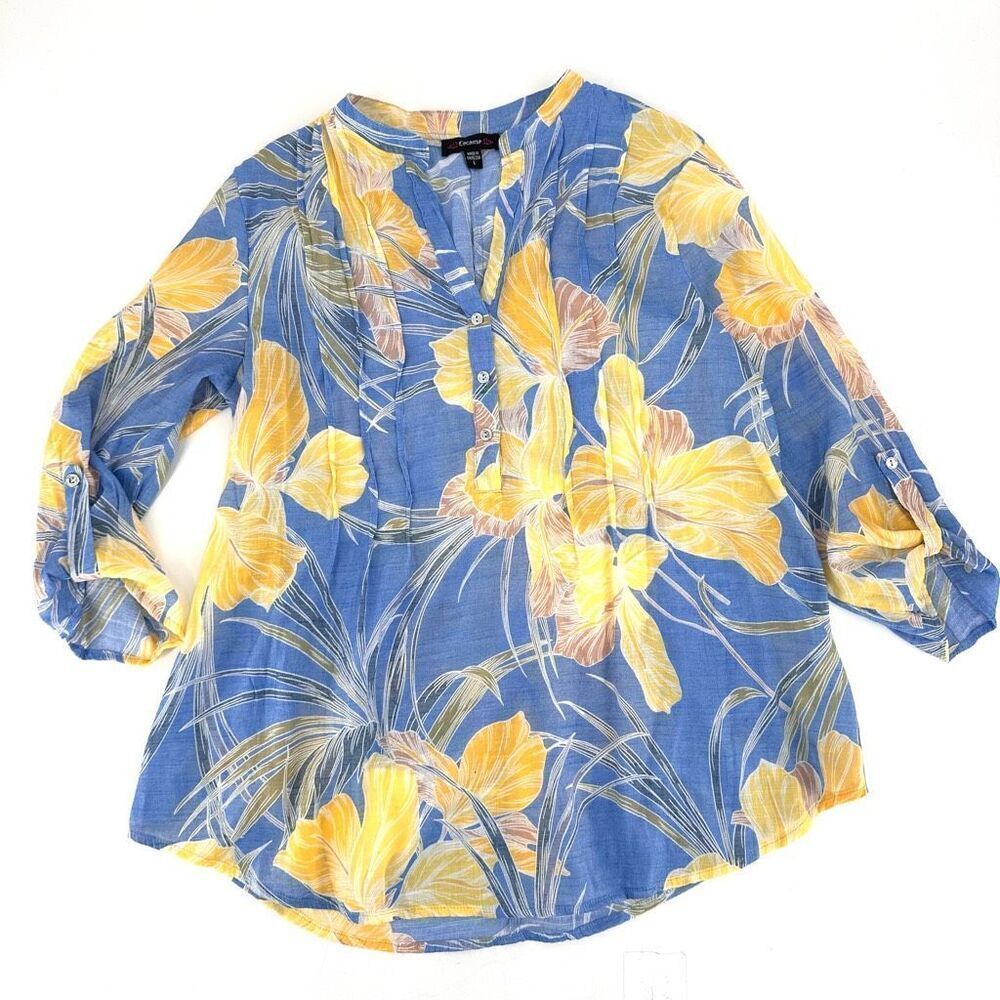 Cocomo Gauzy Floral Pintuck Popover Blouse Top Blue Yellow Size Large Tropical